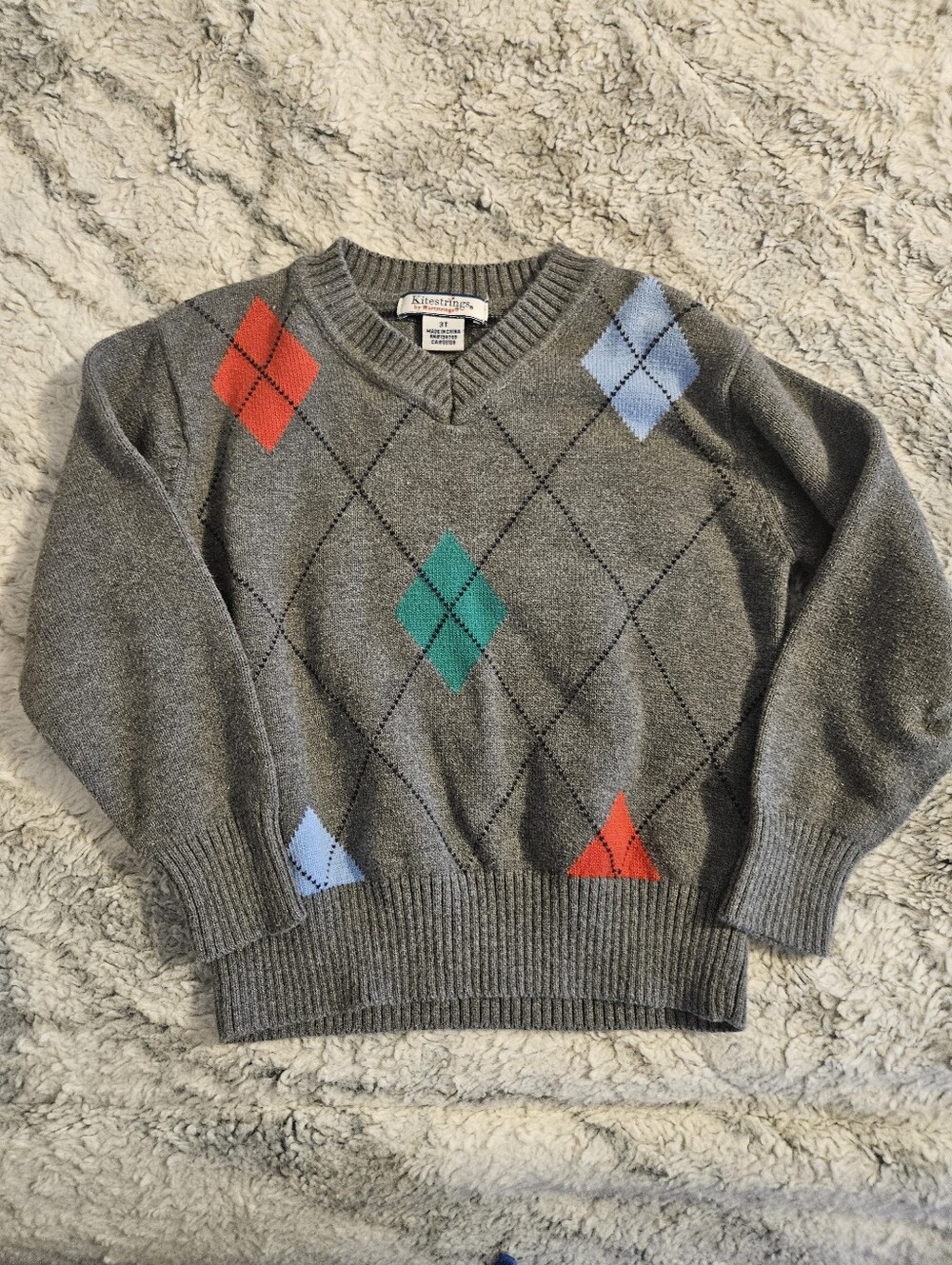Boys Gray Argyle V-Neck Sweater with Colorful Diamonds